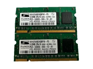 2 512MB PROMOS DDR2-667 PC2-5300S  NON-ECC SODIMM MEMORY RAM - V916764B24QBFW-F5 - Picture 1 of 3