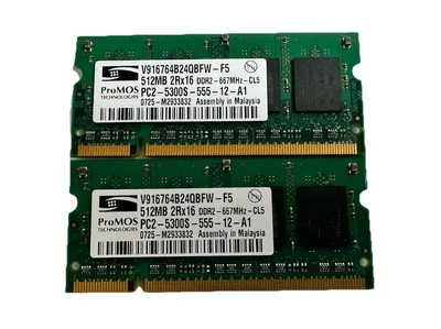 2 512MB PROMOS DDR2-667 PC2-5300S  NON-ECC SODIMM MEMORY RAM - V916764B24QBFW-F5 - Image 1 of 3