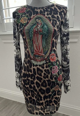 Vestido Ed Hardy Virgen María Estampado de Leopardo Floral Malla Y2K Mujer Pequeño Nuevo con Etiquetas Gótico Foto 1 de 4