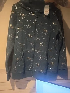 Girls Long Sleeve Hoodie Jacket Dark Teal Star Printed Zip Up Fleece XXL 18 - Picture 1 of 2