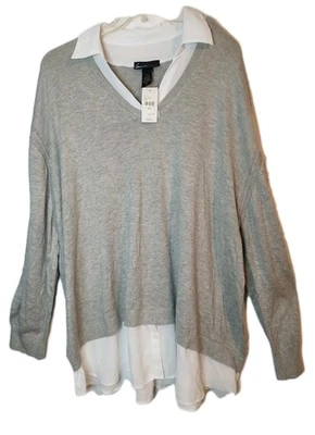 Suéter Lane Bryant Gris Cuello en V Cuello Blanco Capas Twofer Para Mujer 26/28 Nuevo con Etiquetas Foto 1 de 4