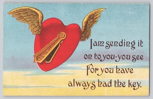 1911 Valentine Flying Heart & Key Postcard  - you have always had the key - Picture 1 of 3