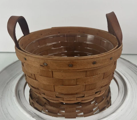 Vintage 1993 Longaberger Basket Small round w/ Leather Handles handmade Cover
