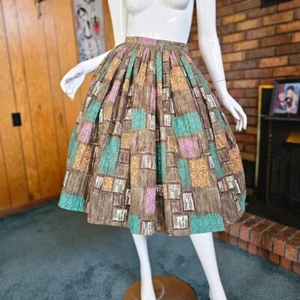Vtg 50s Novelty Atomic Tiki Woodblock Print Rockabilly Koret Circle Skirt XS/S - Picture 1 of 10
