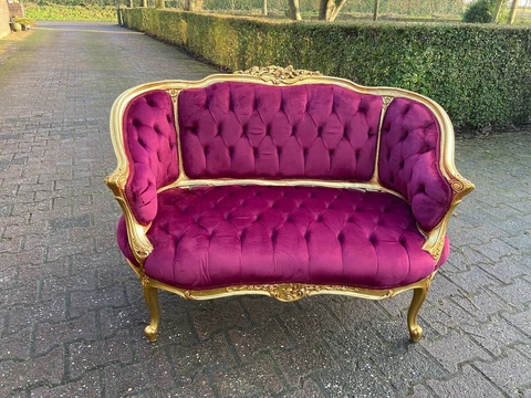 1950's French Lous XVI Settee in Tufted Purple Velvet and Gold Cover