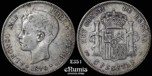 SPAIN, Alfonso XIII, 5 Pesetas 1896 PG-V, better date, VF - Picture 1 of 7