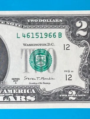 L 4615 1966 B : TRAILING YEAR 1966 $2 Two Dollar Bill Serial Number *UNC* - Image 1 of 3