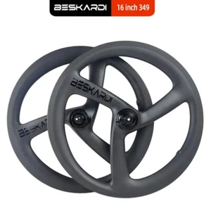 16 Inch 349 Tri Spokes Carbon Wheelset 7 Speed Folding Bicycle Wheels Rim Brake - Picture 1 of 15