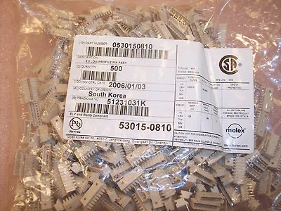QTY (500) 8 POSITION R/A MALE PIN HEADERS 2mm 53015-0810 MOLEX ROHS - Image 1 of 3
