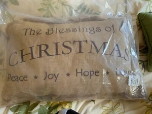 Tan Farmhouse Holiday Pillow VHC Christmas Blessings 14x22 Burgundy - Natural  - Picture 1 of 2