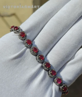 Ruby & Diamond Tennis Bracelet 925 Sterling Silver Fine Jewelry - Image 1 of 4