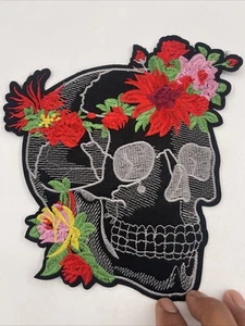 Mexican Skull And Roses Large Back Patch: Embroidered, Iron On, 7 1/2” X 9”, - Picture 1 of 3
