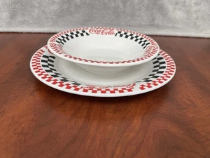Coca-Cola White Checkered 10.5” Serving Plate & 8.25” Soup Bowl Gibson 2000 - Picture 1 of 7