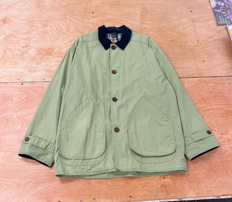 90s Vintage J Crew Barn Coat Oarsman Cordoruy Green Mens XL Chore Coat Plaid - Image 1 of 4