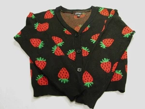 Girls Novelty Cardigan Sweater Art Class Black Strawberries XL Sz 14/16 - Picture 1 of 6