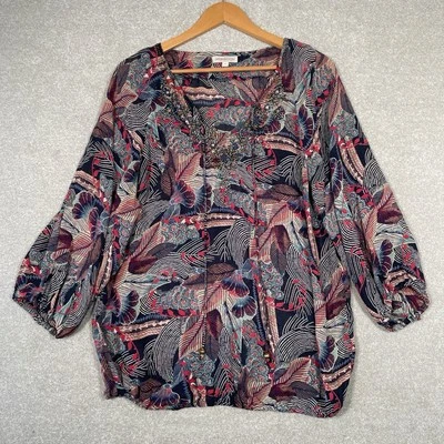 Monsoon Chiffon Blouse Boho Semi Sheer Women’s Size M Relaxed Beaded 3/4 Sleeves - Image 1 of 4