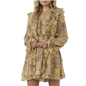 Mini Vestido Endless Rosa Gasa Amarillo Floral Volantes Para Mujer Mediano - Imagen 1 de 8