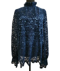 Umgee Velvet Lace Blouse L Teal High Neck Victorian Vamp Whimsigoth Dark Fairy - Picture 1 of 12