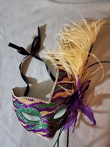 Feather Venetian Masquerade Costume Ball Prom Party Purple, Green & Ylw T7 - Picture 1 of 3