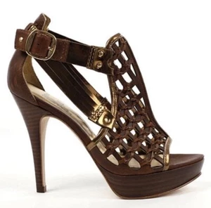 Belle by Sigerson Morrison  Made In Italy Leather Shoes Brown Gold SIZE 7 - Picture 1 of 12