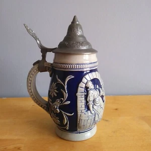 Vintage MM Hand Painted Blue, Gray Beer Stein Made In Germany 7" Tall Pewter Lid - Picture 1 of 6