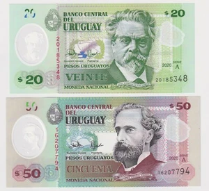 Uruguay Set - 20 & 50 Pesos Uruguayos (2020) P-New, UNC Polymer A-Serie ✹DNH✹  - Picture 1 of 2