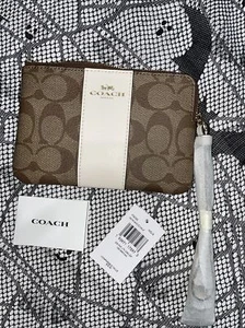 NEW! $78 Coach Corner Zip Wristlet Brown Leather Signature Logo Phone Wallet Bag - Picture 1 of 7