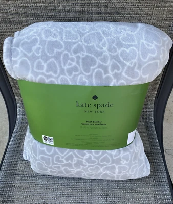 KATE SPADE Gray White Hearts KING Fleece Soft Plush Blanket Throw 112"x92" - Image 1 of 4