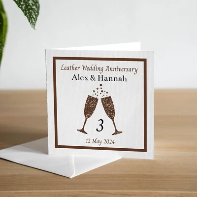 MARVELLO Personalised 3rd Leather Wedding Anniversary Card Champagne Glass Husband Wife