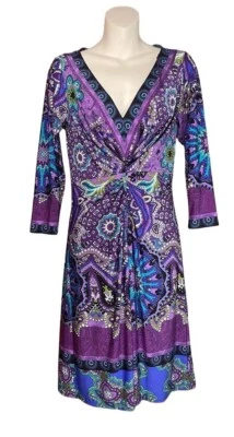 Womens 4 Small Muse Blue & Purple Paisley V-Neck Knee Length Casual Summer Dress - Image 1 of 3