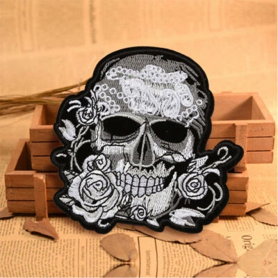 Flower Rose Skull Patch Embroidered Sew On Iron On Badge Fabric Craft Transfer - Image 1 of 3