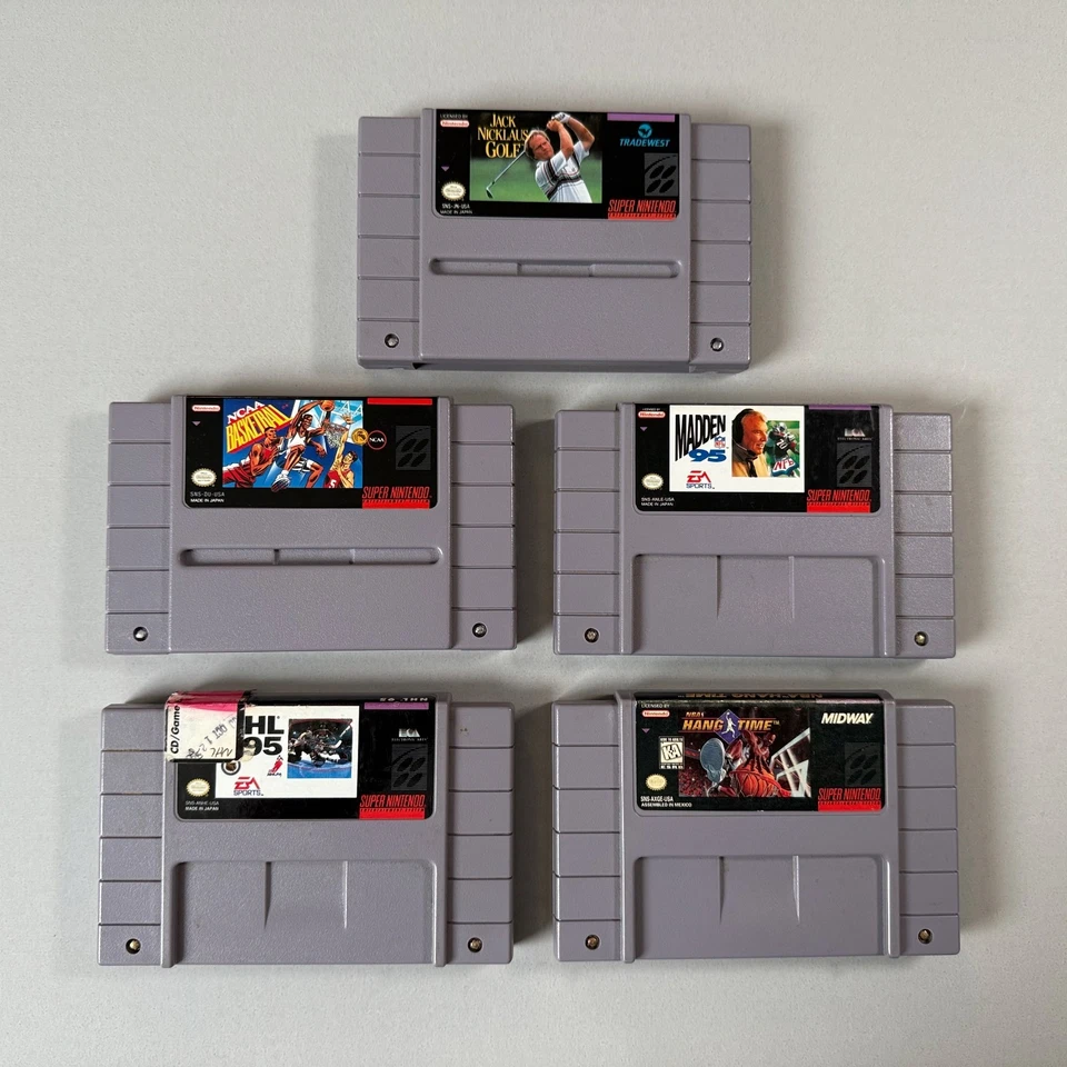 Super Nintendo SNES 5 SPORTS Games NCAA NBA Hangtime Madden 95 Jack Nicklaus - Image 1 of 4