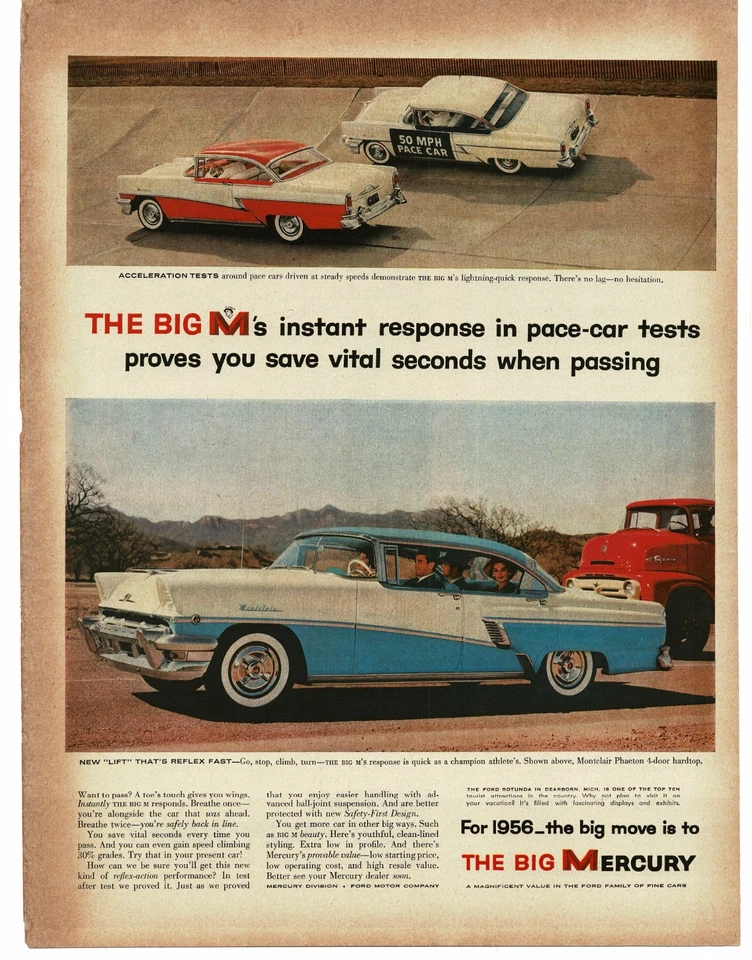 1956 Mercury Montclair Phaeton azul branco 4 portas capota rígida na pista de teste anúncio impresso - Imagem 1 de 1