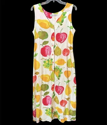 Jams World Sz M Shift Midi Dress Ivory w/ Fruit Print Button Front - Image 1 of 4