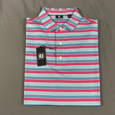 FootJoy Golf Shirt Polo Color Stripe Large Blue Magenta White Polyester MSRP $88 - Image 1 of 4