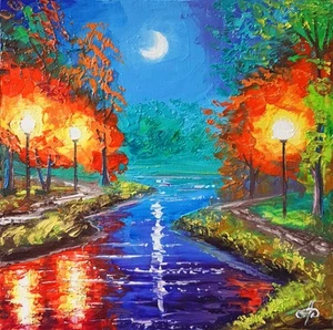 Autumn Night River Painting Park Lights Reflection Moon Path Wall Art Gift Decor - Picture 1 of 24