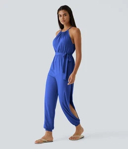 NWT Halara Sleeveless Tie Back Belted Pocket Cool Touch Jumpsuit-UPF50+ Size M - Picture 1 of 8