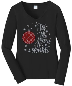 Christmas Ornament Tis The Season Damen Shirt Damen V-Ausschnitt Glitzer Langarm - Bild 1 von 11