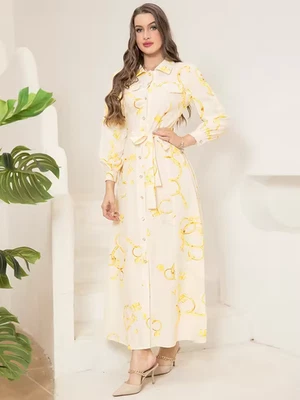 Elegante Vestido Camisa Manga Larga con Diseño Estampado de Cadena, Cinturón y Bolsillo - Sofista Foto 1 de 4