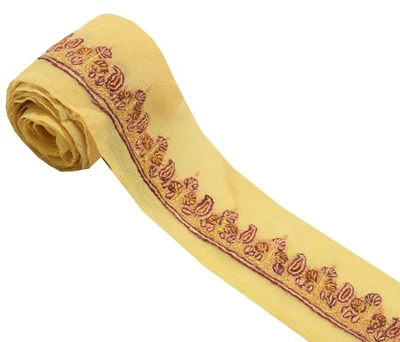 Sushila Vintage Yellow Georgette Saree Border Craft Sewing Trim Embroidery Lace - Image 1 of 4
