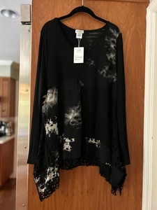 Neu mit Etikett schwarz weiß Adore Tunika mit Schal Art to Wear Lagenlook Spitzenlöcher XL - Bild 1 von 15