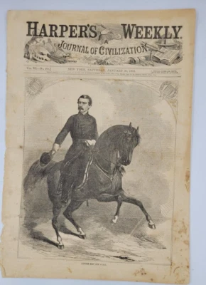 General McClellan on horseback 1862 vintage print  "Little Mac" out again - Image 1 of 2