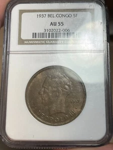 1937 Belgian Congo 5 Francs - NGC AU55 - Chipped slab - Picture 1 of 2