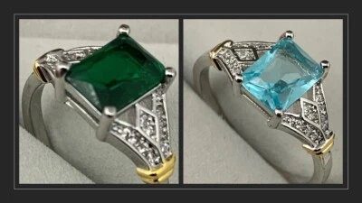 Eleganter Damenring in Silber Color mit Smaragd oder Saphir und Zirkonia Steinen - Bild 1 von 4