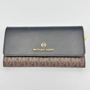 Michael Kors Jet Set Travel Large Logo Trifold Wallet Black with Brown - Picture 1 of 8