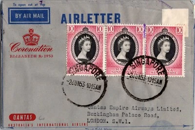 Malaya Singapur 1953 Reina E II Coronación FD Cubierta a Inglaterra Carta Aérea Foto 1 de 2
