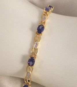 Vintage Jewellery Gold Tennis Chain Bracelet Diamonds Blue Sapphires Jewelry - Picture 1 of 10