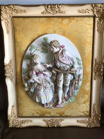 VINTAGE BISQUE PORCELAIN LOVERS  SCULPTURAL WALL PLAQUE  H 21" Cover