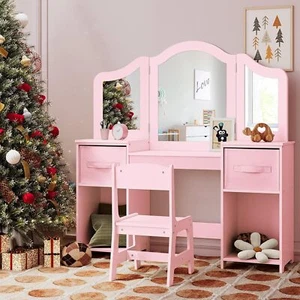 Kids Vanity Table Set Girls Makeup Dressing Desk & Chair With Tri-folding Mirror - Picture 1 of 8
