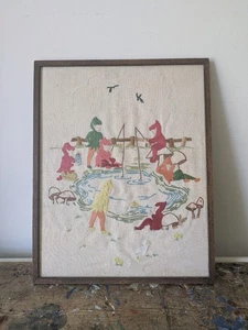 Vintage Hand Embroidered Oak Framed Picture Pixies Fishing Nursery Kitsch Retro - Picture 1 of 5